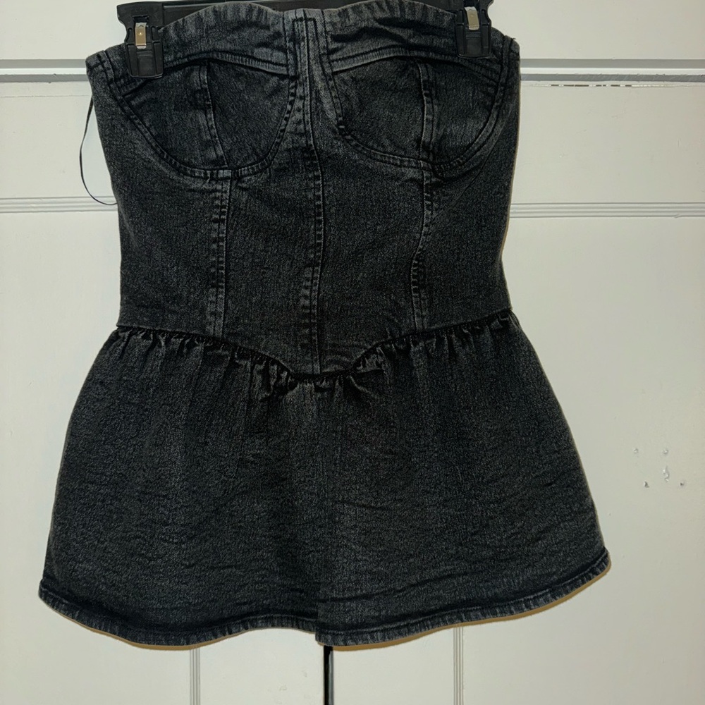 Black Denim Strapless Peplum Top